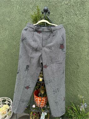Teddy Fresh Gray Patterned Trousers with Red Rose Motifs